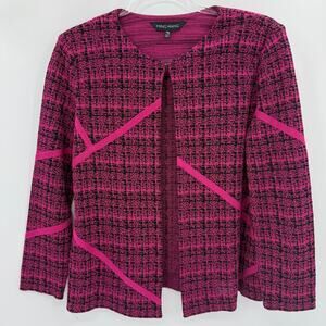 MING WANG Knit Sweater Jacket Women Size PM Open Front Teal Modern Career Office